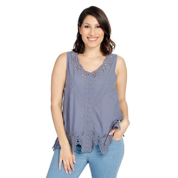 Indigo Thread Woven & Lace Embroidered Eyelet Cut-out Tank Top M Slate - Picture 1 of 2